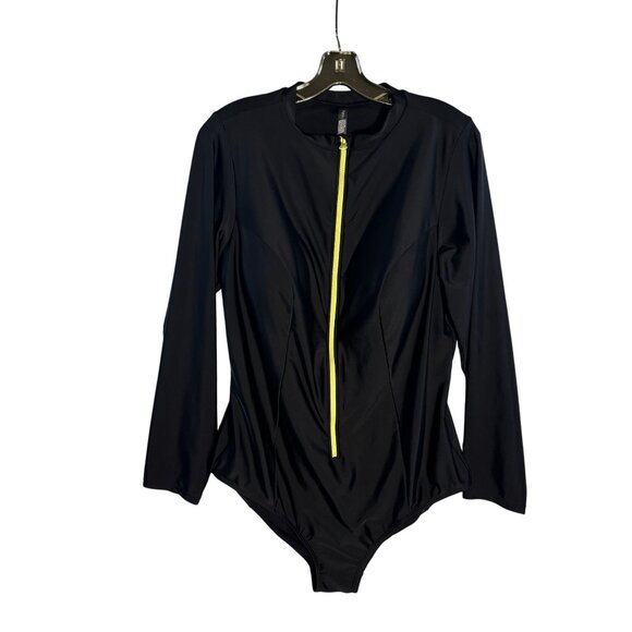 Long Sleeve Black One-Piece Swimsuit With Neon Yellow Zipper By Torrid Size 2 - Picture 2 of 9